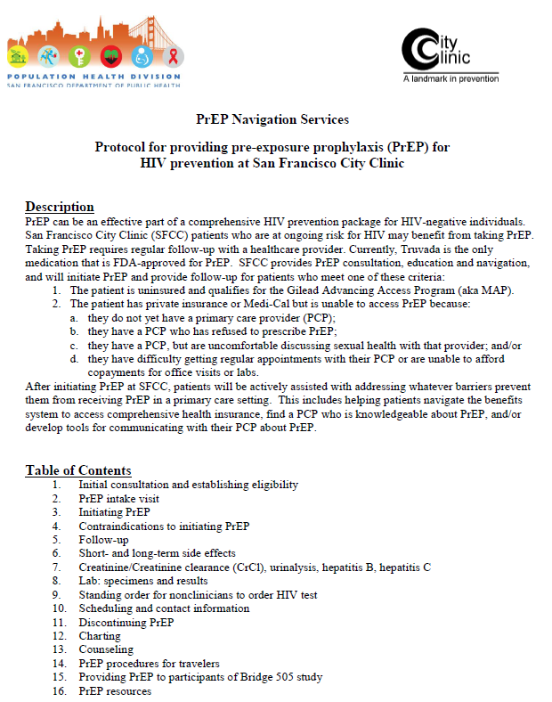 San Francisco City Clinic PrEP Navigation Protocol