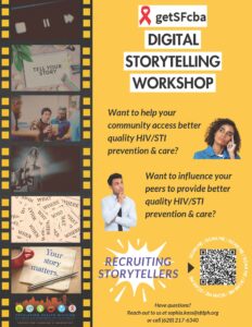 flyer for the digital storytelling workshop with contact info and a QR code to the application.