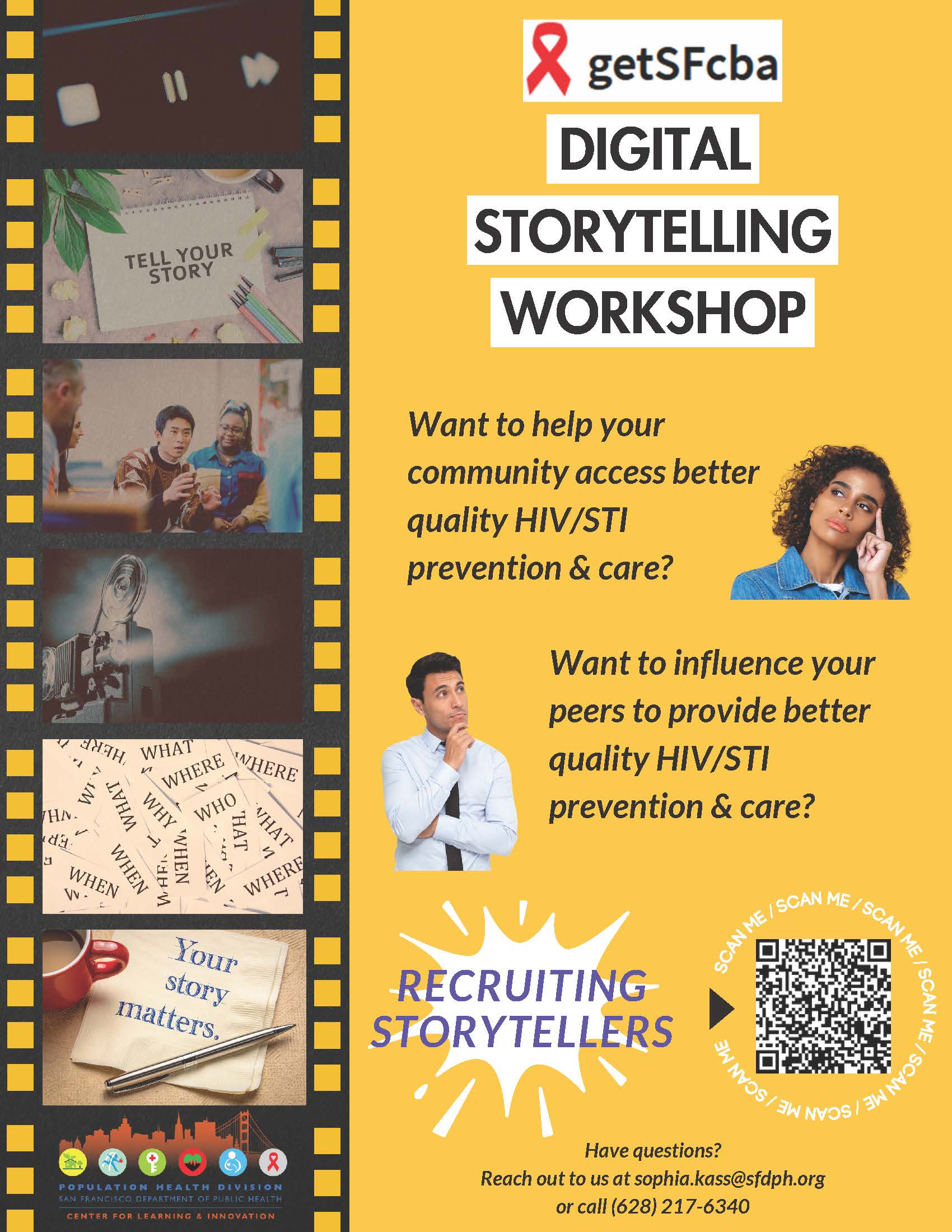 flyer for the digital storytelling workshop with contact info and a QR code to the application.