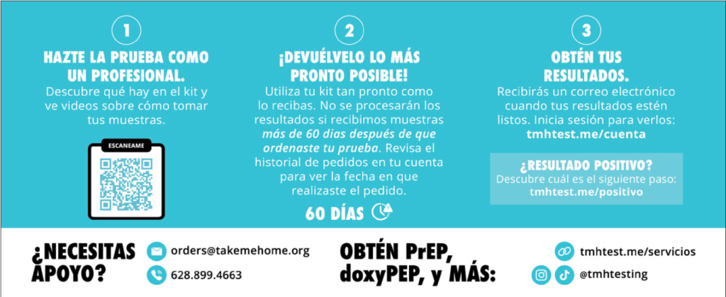 An example of the instructions for self-collection mail-in tests in Spanish from take me home dot org.